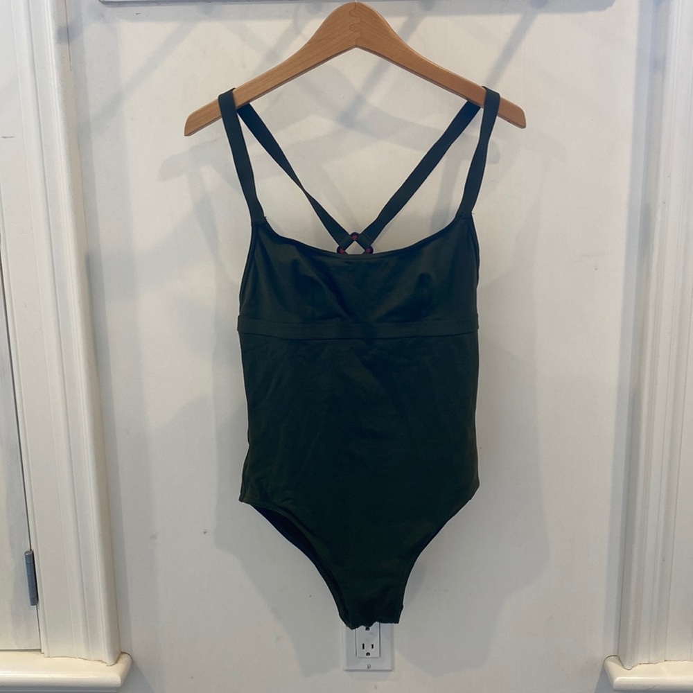 ERES Olive Green One Piece Swimsuit w Cross Back & Tortoise Detail. US 10.